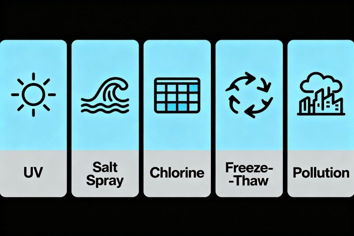 Outdoor furniture maintenance factors: UV, salt spray, chlorine