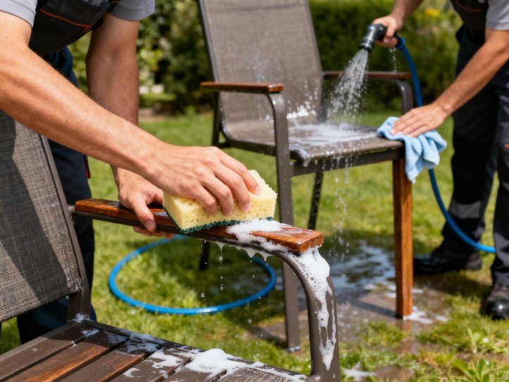 Technician cleaning powder-coated aluminum armrest with neutral pH soap and microfiber