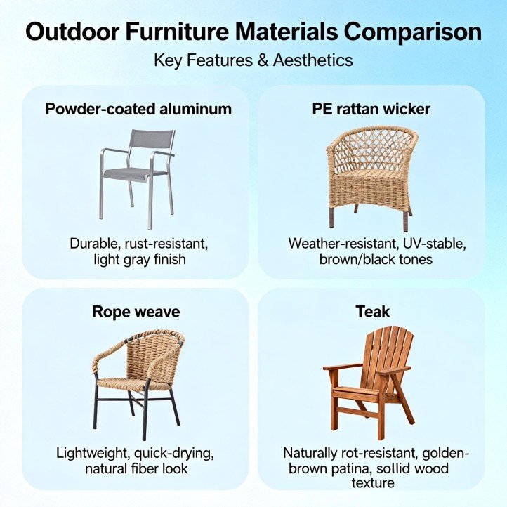 Outdoor furniture materials comparison: powder-coated aluminum, PE rattan wicker, rope weave, and teak.
