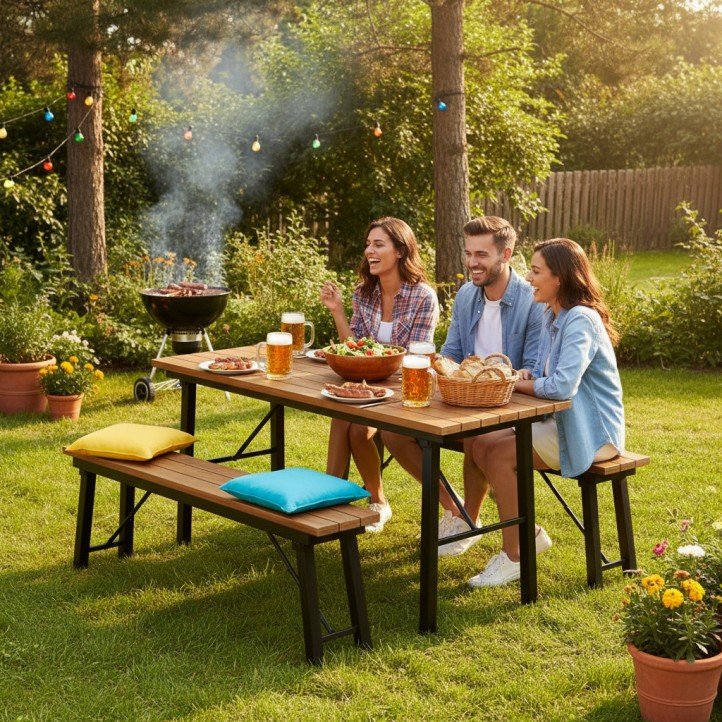 Outdoor Teak Wood Folding Picnic Bench set with table used for a happy garden party and barbecue.