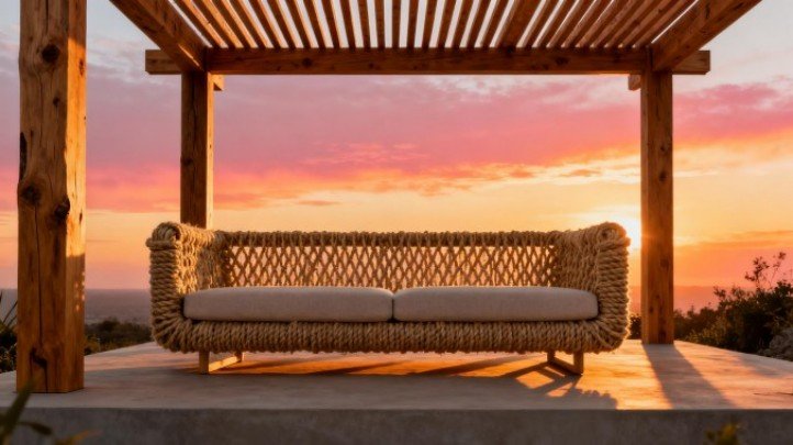 Modern outside living room with rope sofa under cedar pergola at sunset