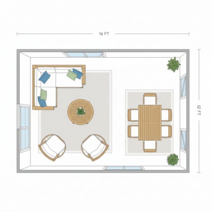 12x16 ft outside living room layout with L-shaped sectional, swivels, and 4–6 person dining