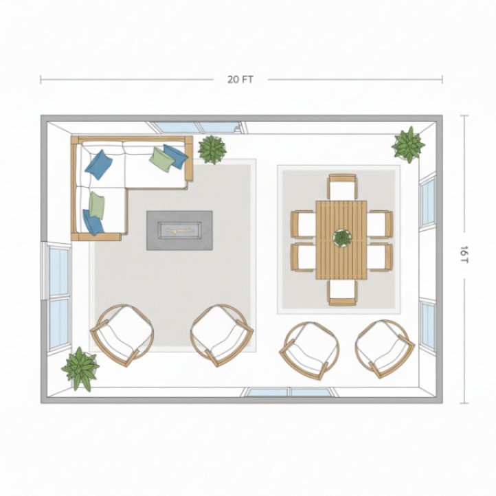 16x20 ft outside living room layout with U-shaped sectional, fire table, and 8-seat dining