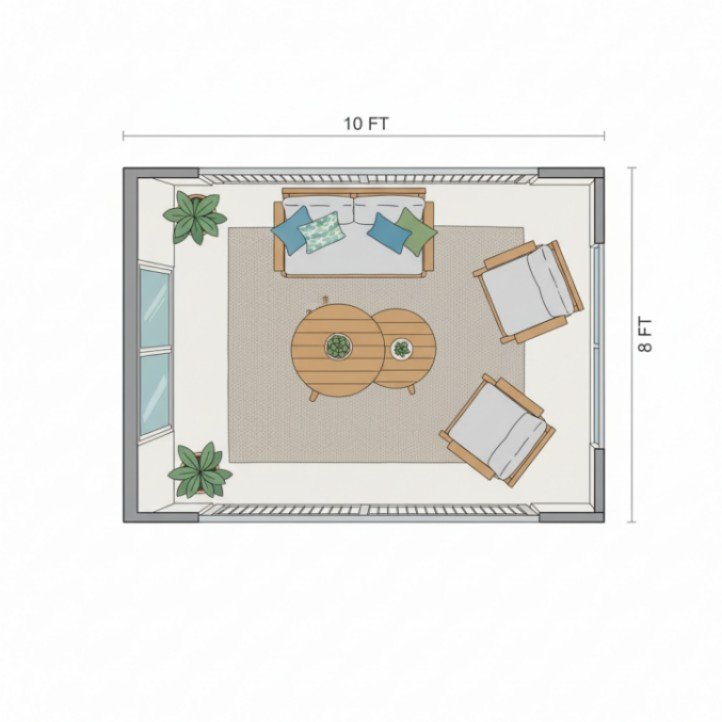 8x10 ft balcony outside living room layout with two chairs, loveseat, and nesting tables