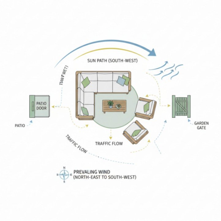 Diagram showing sun path, prevailing wind, and traffic flow for an outside living room
