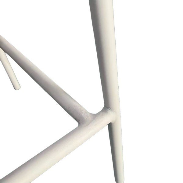 Close-up of white powder-coated frame and smooth welds on modern patio bar stools, showing cross-brace stability and anti-rust finish.