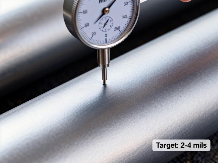 Dry film thickness (DFT) measurement with a mil gauge on a powder-coated aluminum tube, targeting 2–4 mils for durability.