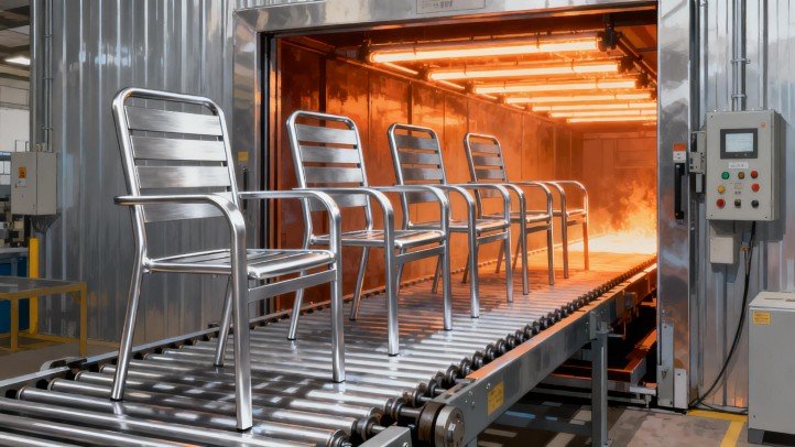 Aluminum patio chair frames on a conveyor entering a 400°F cure oven—illustrating patio furniture powder coating as a factory-grade finish.