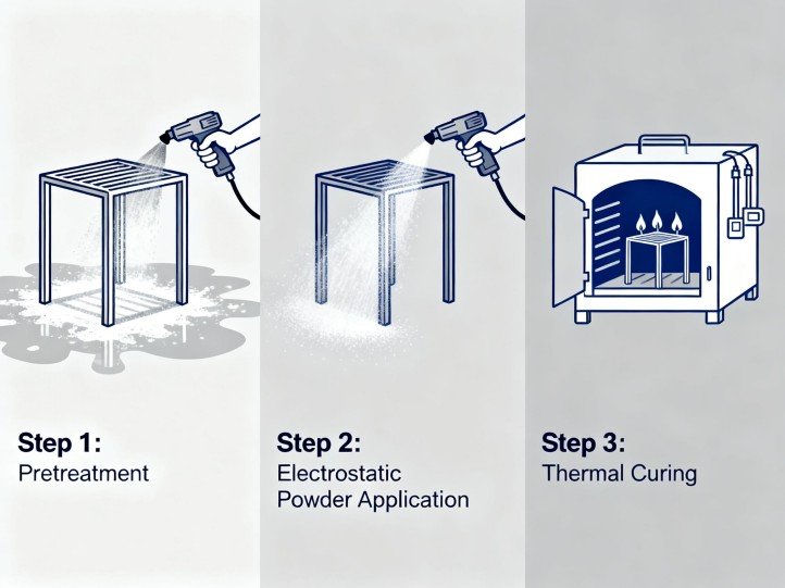 Three-step diagram of the powder coating process—pretreatment, electrostatic powder application, and thermal curing for outdoor furniture frames.