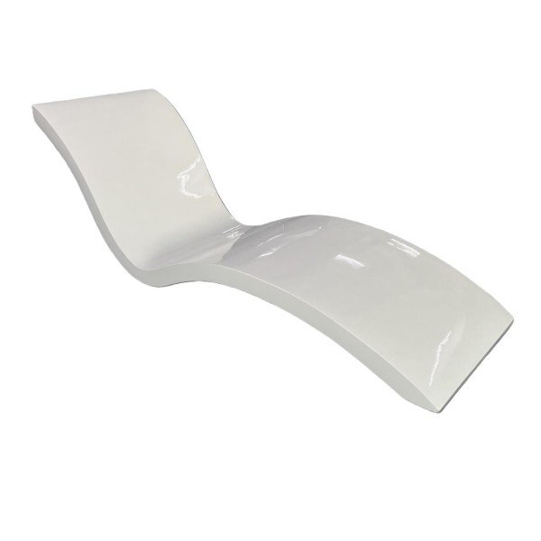 Modern pool chaise lounge in glossy white with ergonomic S-curve back and contoured leg support for relaxed outdoor sunbathing.