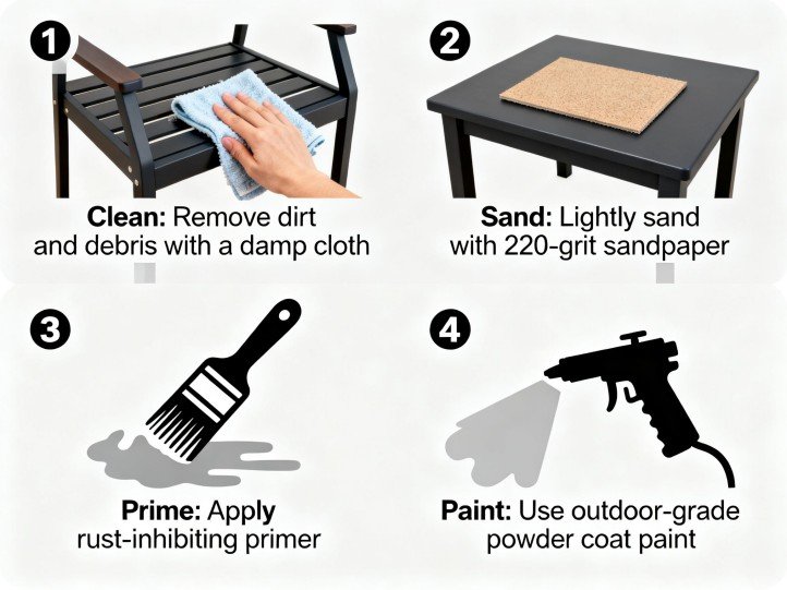 outdoor furniture maintenance: Touch-up steps for powder-coated outdoor furniture: clean, sand, prime, paint