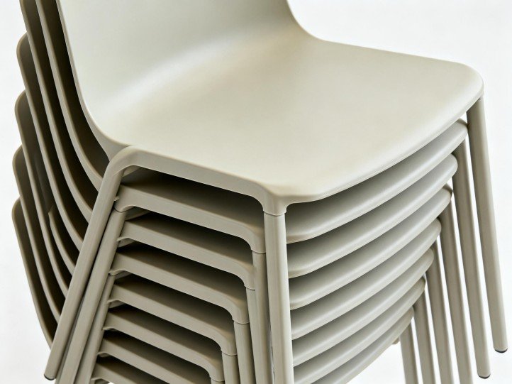Polypropylene stackable chairs—high nesting angle reduces CBM in storage