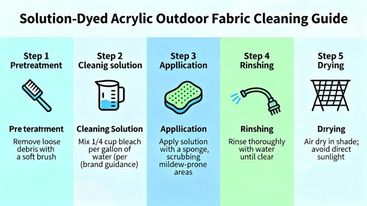 Cleaning steps for solution-dyed acrylic outdoor fabrics; bleach-safe for mildew per brand guidance