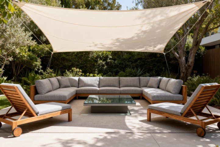 Summer U-shape lounge with canopy and two chaise lounges around a low coffee table.