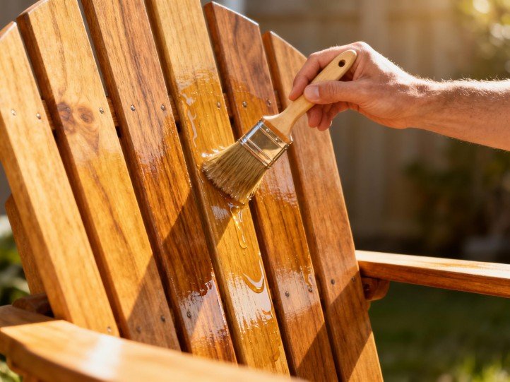 Applying teak sealer to maintain golden color on a teak Adirondack chair
