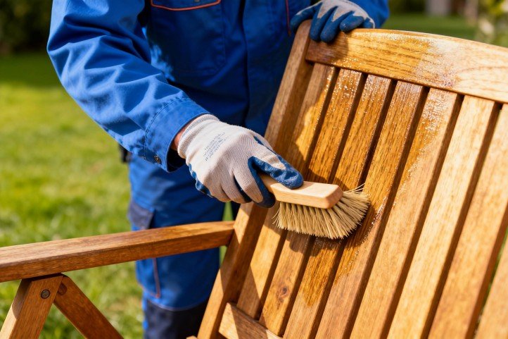 Technician cleaning a teak outdoor chair with a soft brush along the grain