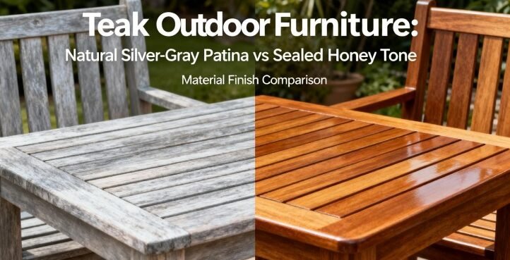 Teak outdoor furniture: natural silver-gray patina vs sealed honey tone banner