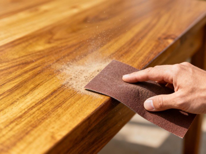 Light sanding of teak surface with 180–220 grit paper to remove raised fibers