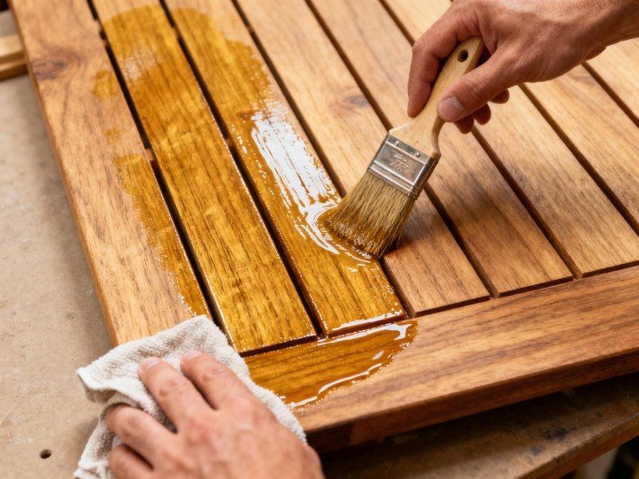 Applying teak sealer evenly while maintaining a wet edge; wiping off excess finish