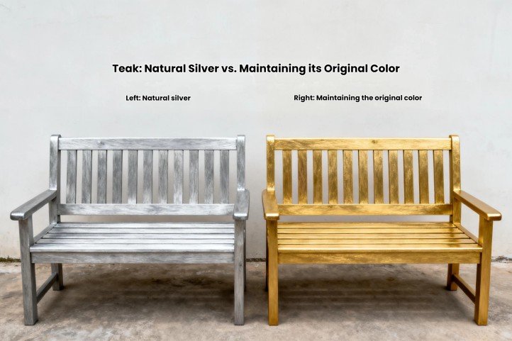 Teak natural silver patina versus sealed honey-tone finish comparison