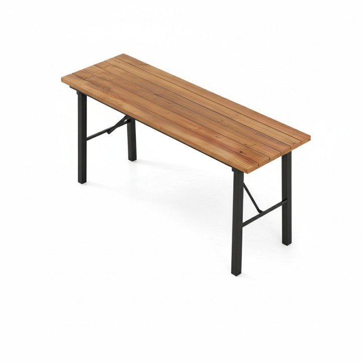 Top view of the long Teak Wood Folding Picnic Bench showing the slatted surface and sturdy black metal frame.