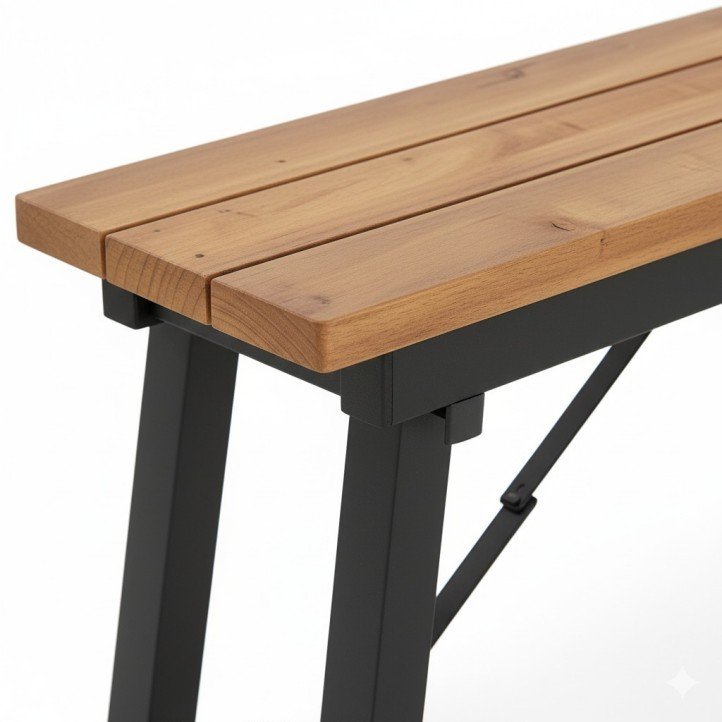 Close-up of the teak wood slats and the robust black metal folding mechanism of the Folding Picnic Bench.