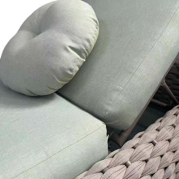 Detail of powder-coated aluminum hinge and support for the multi-position backrest, providing smooth adjustment and sturdy support beneath the braided shell.