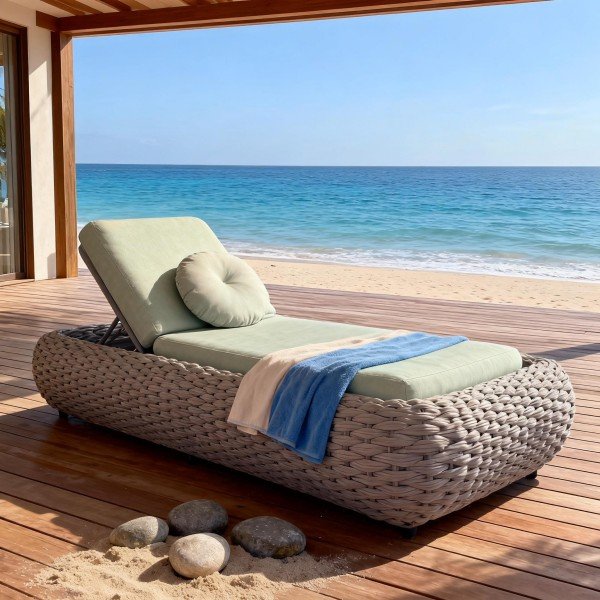 Chunky braided Woven Chaise Lounge styled on a beachfront deck with sage cushions and throw, showing adjustable back and resort vibe for pools, terraces, and gardens.