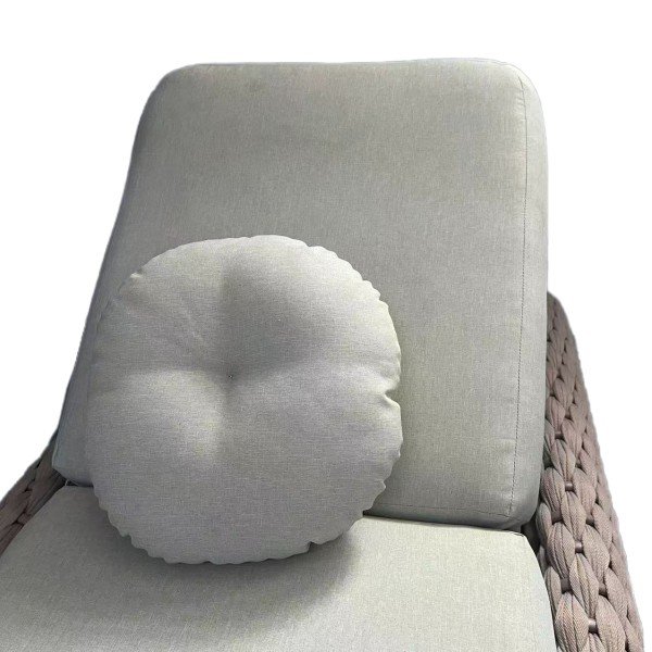Close view of sage green cushion and round pillow on the adjustable back, showing neat seams, quick-dry fill, and removable zip cover for easy cleaning outdoors.