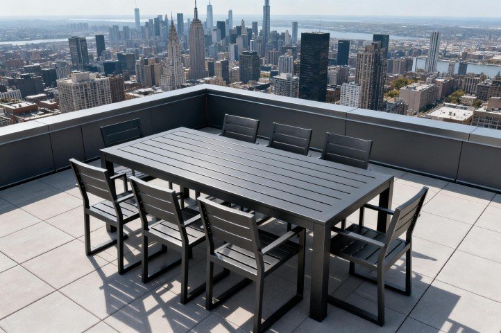 Heavy wrought-iron style outdoor set providing wind stability on a rooftop deck