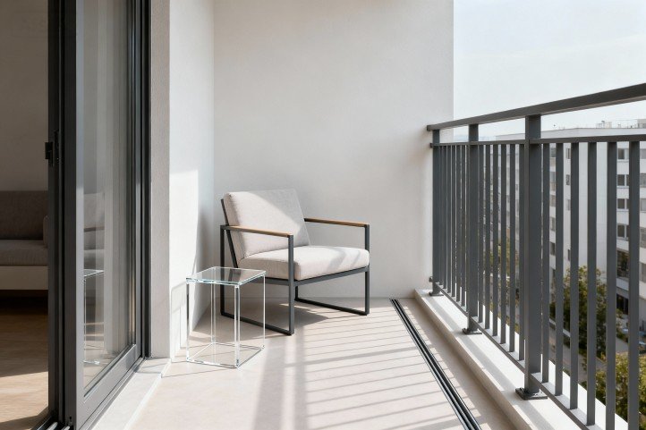 1 m² balcony, one armless chair, 14-inch side table, 24-inch clear lane