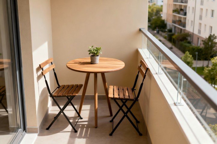 2 m² balcony for two with round table; 30-inch side lane clear