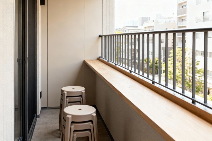 2.5 m² narrow balcony with 12-inch rail bar and two stackable stools.
