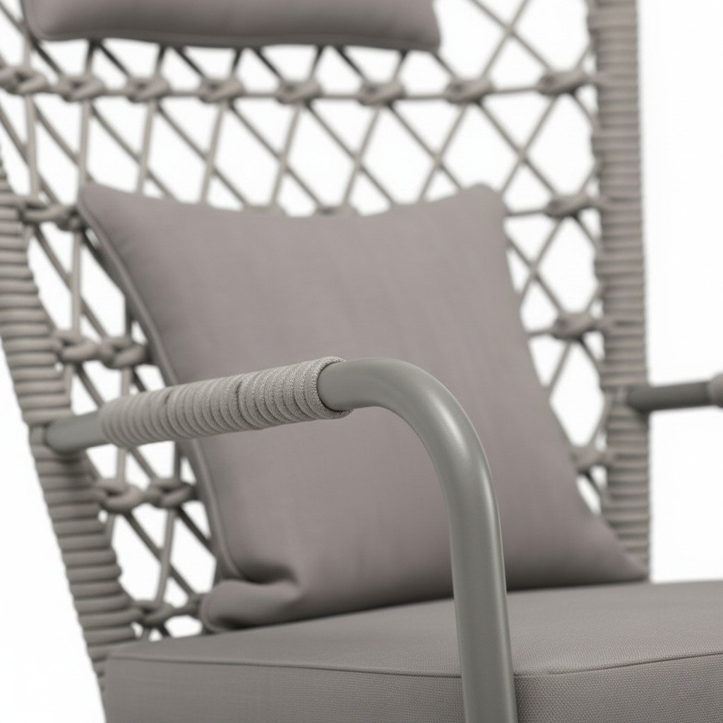 Garden Rocking Chair Close Up Rope Armrest Grey Cushion