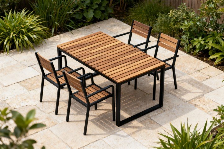 Japandi outdoor furniture with teak slats and black frame