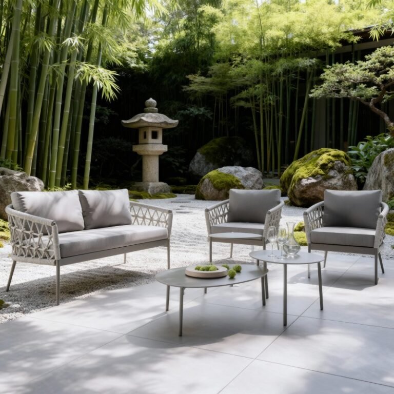 Woven rope outdoor sofa and chairs paired with aluminum coffee tables, creating a calm modern terrace lounge.