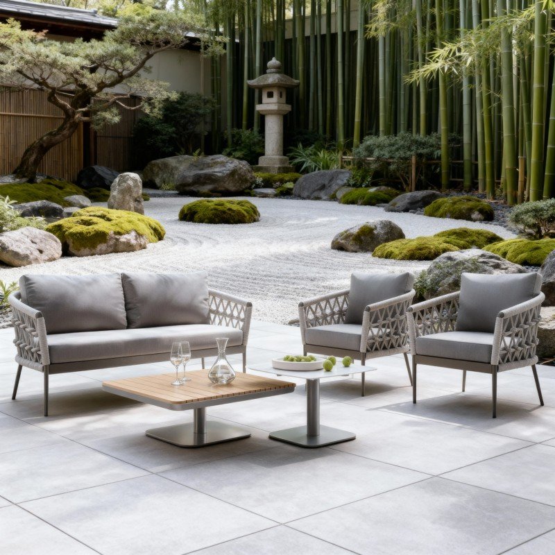 Outdoor Grey Sofa Set Square Wood Coffee Table Rope Woven Chairs