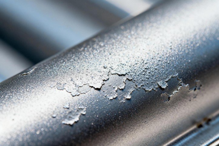 Close-up of aluminum powder coat with light chalking