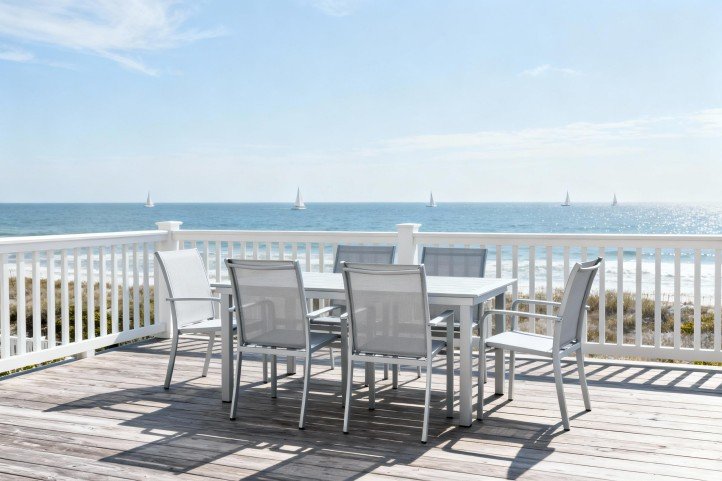 Aluminum patio set on a coastal balcony, salt-air friendly