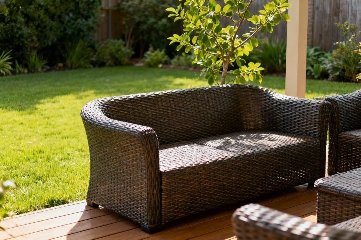 backyard patio with Rattan outdoor Sofa set and garden plants