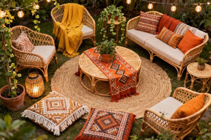 boho outdoor lounge with woven rattan and layered textiles