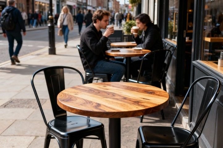 cafe outdoor seating area with aluminum chairs and small round tables