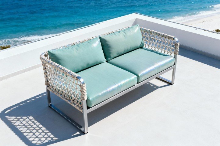 Coastal rooftop case: PET rope lounge with powder-coated aluminum frame and solution-dyed acrylic cushions