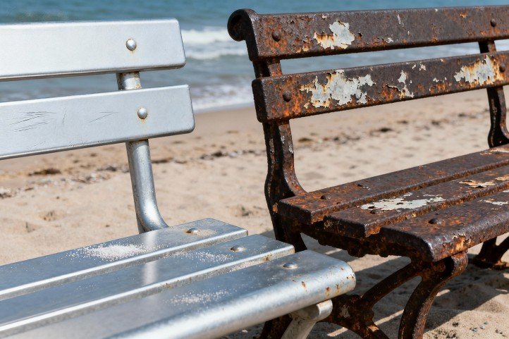 After one coastal season—powder-coated mild-steel chair vs cast-iron bench showing salt residue and coating condition.