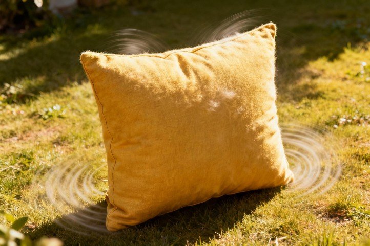 Cushions standing on edge with airflow for fast sun-drying
