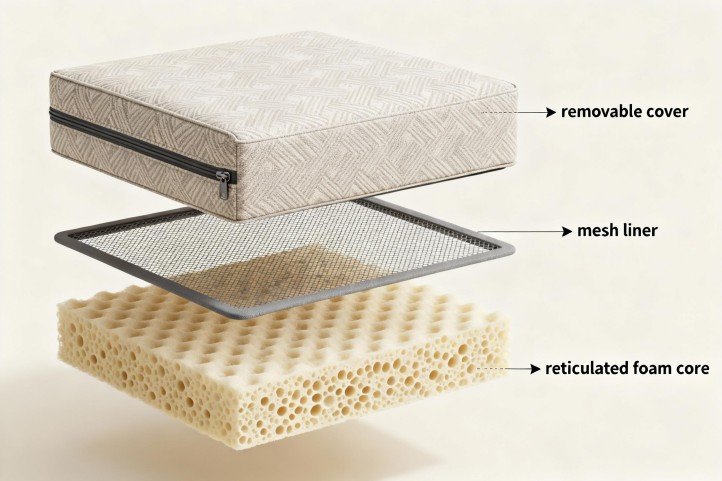 Exploded view of a pet friendly outdoor sofa cushion with removable cover, mesh liner and reticulated foam core
