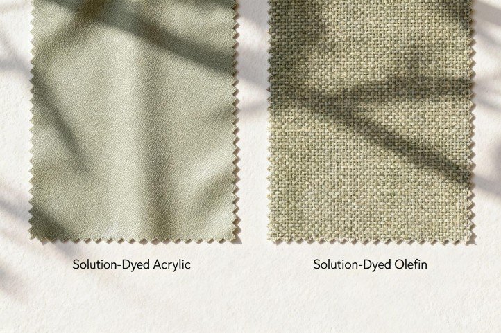 Close-up fabric swatches of solution-dyed acrylic and olefin for a pet friendly outdoor sofa