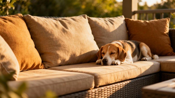 Pet Friendly Outdoor Sofa on a sunny patio with a dog resting beside the modular cushions