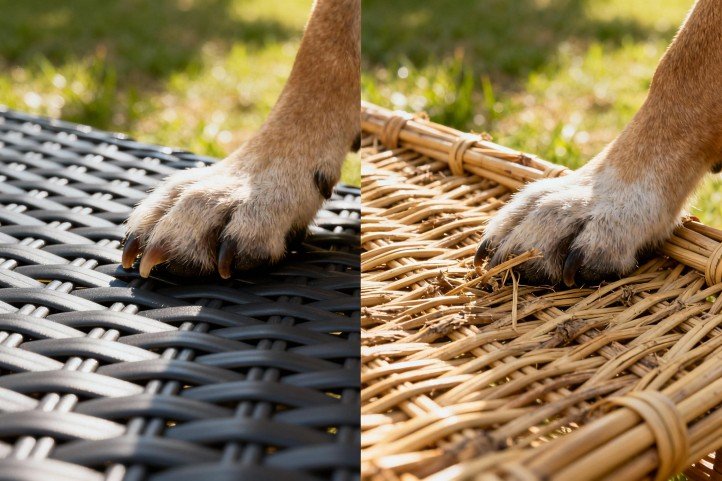 Side-by-side detail of resin PE wicker vs natural rattan showing pet claw snag resistance outdoors