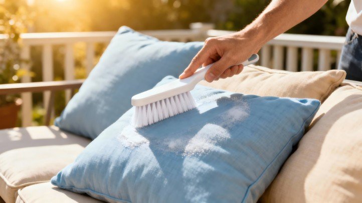 Cleaning outdoor cushions with a soft brush on a sunny patio